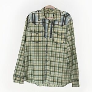 Bernini Western Pearl Snap‎ Shirt Men's 2XL Green Plaid Embroidered Eagle Cotton